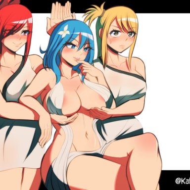 color, cosplay, erza scarlet, fairy tail, female only, holding breast, juvia lockser, katsunei, lucy heartfilia, multiple girls, revealing clothes