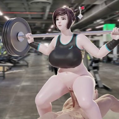 1boy, 1girls, animated, bottomless, brown hair, chubby, girl on top, gym, gym uniform, hair ornament, huge breasts, mei (overwatch), overwatch, sound, squatting