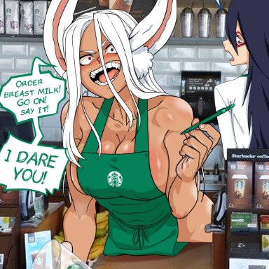 apron, apron only, big breasts, black hair, breasts, busty, cleavage, dark-skinned female, dark skin, hourglass figure, iced latte with breast milk, light-skinned female, light skin, long hair, midnight (my hero academia)