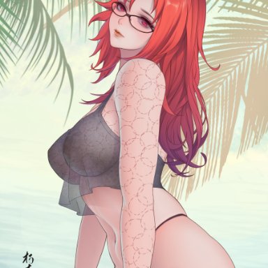 absurdres, arched back, arm support, beach, bite mark, breasts, closed mouth, clothes pull, cowboy shot, crop top, expressionless, eyebrows visible through hair, female, from side, glasses