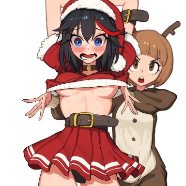 2girls, arms up, belt, black hair, black panties, blue eyes, blush, breasts exposed, brown eyes, brown hair, christmas, christmas outfit, ecchi, embarrassed, flashing