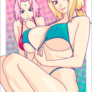 naruto, naruto (series), naruto shippuden, sakura haruno, tsunade, loverofalexa, 2girls, bikini, blonde hair, breast envy, brown eyes, female, female only, green eyes, looking at breasts