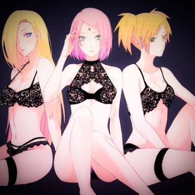 naruto, naruto: the last, naruto (series), naruto shippuden, ino yamanaka, sakura haruno, temari, artist request, big breasts, blonde hair, blue eyes, bra, green eyes, hair over one eye, leg strap