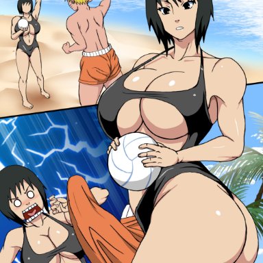 naruto, naruto (series), naruto shippuden, shizune, uzumaki naruto, naruho, beach, big breasts, blonde hair, boner, cloud, curvaceous, curvy, erect penis, erection