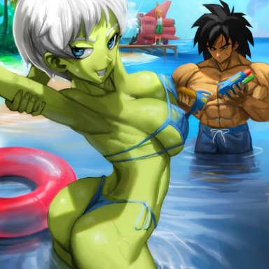 dragon ball, dragon ball super, broly, cheelai, elitenappa, 1girls, 2boys, ass, beach, big ass, big breasts, bikini, black hair, blue eyes, breasts