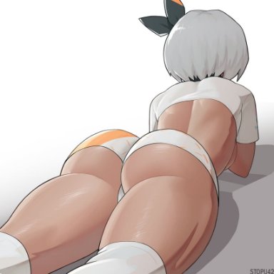 pokemon, pokemon (game), pokemon ss, bea (pokemon), stopu, ass, back, black hairband, bow hairband, breasts, cropped shirt, dark-skinned female, dark skin, female, from behind