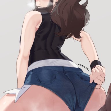 game freak, nintendo, pokemon, pokemon (game), pokemon bw, hilda (pokemon), okpriko, 1boy, 1girls, ass, big ass, big butt, blue eyes, brown hair, buttjob