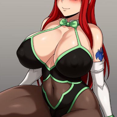 fairy tail, erza scarlet, jmg jellybean, big breasts, black eyes, bunny ears, bunny girl, bunnysuit, looking at viewer, nipple bulge, red hair, smiling, tattoo