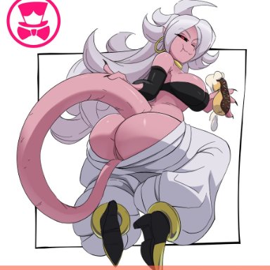 dragon ball, dragon ball fighterz, android 21, majin, majin android 21, schpicy, 1girls, ass, breasts, clothed, clothing, donut, eating, female, food