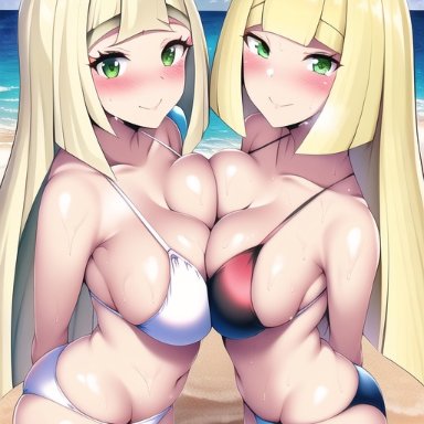 game freak, nintendo, pokemon, pokemon sm, lillie (pokemon), lusamine (pokemon), nai diffusion, stable diffusion, 2girls, alternate breast size, beach, bikini, blonde hair, blush, breast to breast