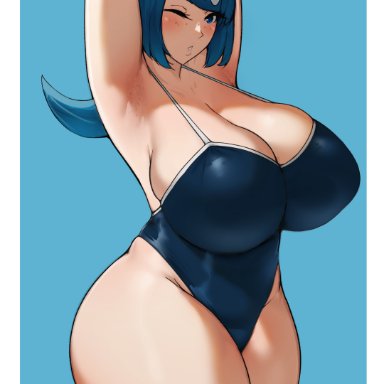 game freak, nintendo, pokemon, pokemon sm, lana's mother (pokemon), batako, 1girls, armpits, blue eyes, blue hair, breasts, female, highleg swimsuit, hips, huge breasts