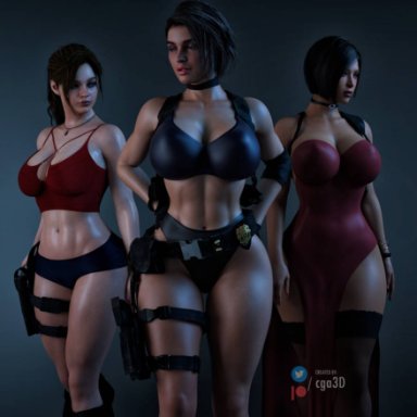 capcom, resident evil, resident evil 2 remake, resident evil 3 remake, ada wong, claire redfield, jill valentine, jill valentine (sasha zotova), cga3d, erotichris, 3girls, abs, asian, asian female, belt