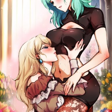 fire emblem, fire emblem: three houses, nintendo, byleth (fire emblem), byleth (fire emblem) (female), mercedes von martritz, minacream, 2girls, alternate costume, alternate hairstyle, ass, blonde hair, blue eyes, breast grab, breasts