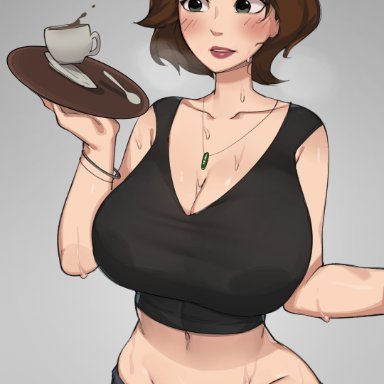 big hero 6, cass hamada, elijahzx, 1girls, big breasts, black tank top, blush, brown hair, cleavage, looking at viewer, mature female, necklace, pubic hair, shirt, simple background