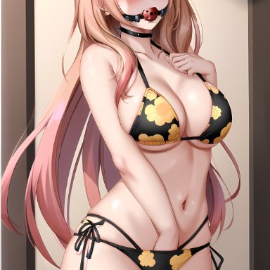 sono bisque doll wa koi wo suru, kitagawa marin, stable diffusion, ball gag, bangs, barbell piercing, bare shoulders, bikini, black bikini, black choker, blonde hair, blush, bondage, bound, breasts