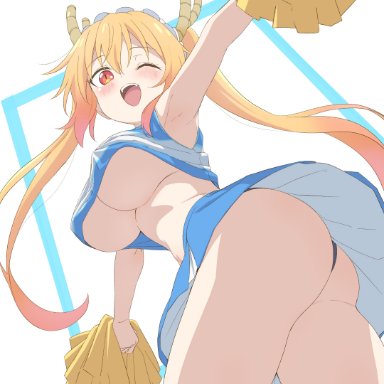 miss kobayashi's dragon maid, tohru (dragon maid), sincos, 1girls, alternate costume, armpits, ass, big ass, big breasts, blonde hair, cheerleader, female, long hair, maid headdress, solo