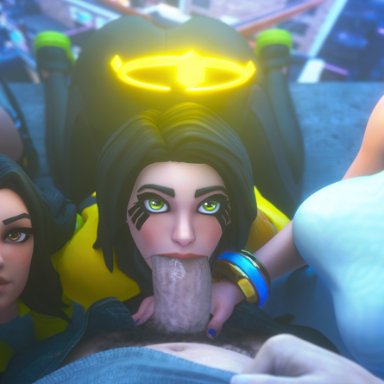 fortnite, fortnite: battle royale, fortnite: save the world, ark (fortnite), jjjjd, 1boy, 1male, 3girls, ass, ass cleavage, ass up, big breasts, big penis, black hair, blowjob