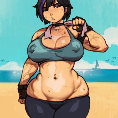 big hero 6, gogo tomago, tod0231, 1girls, armband, beach, black hair, breasts, clothing, cloud, collarbone, crop top, female, female only, fingerless gloves