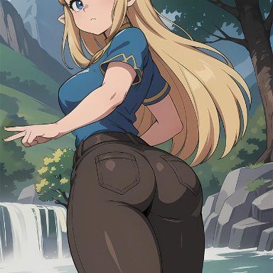 nintendo, the legend of zelda, princess zelda, zelda (breath of the wild), heljeart, 1girls, ass, big breasts, big butt, blonde hair, blue eyes, butt, butt focus, clothed, clothing