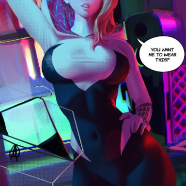 marvel, marvel comics, spider-man (series), gwen stacy, miles morales, zumi, 1boy, 1girls, asymmetrical hair, bikini, blonde hair, blue eyes, breasts, clothed, dark skin