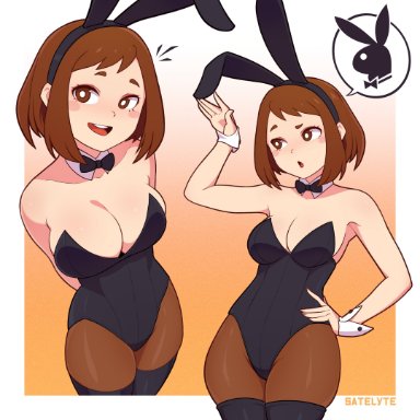 boku no hero academia, my hero academia, ochako uraraka, uraraka ochako, satelyte, 1girls, bare shoulders, big breasts, breasts, bunny ear, bunny ears, bunny girl, bunnysuit, busty, fake animal ears