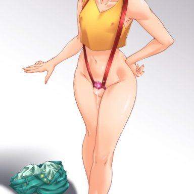 pokemon, kasumi (pokemon), misty (pokemon), suiren ciao, 1boy, androgynous, caged, caged cock, chastity cage, chastity device, curvaceous, curves, curvy, curvy body, curvy figure