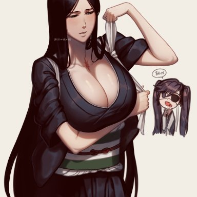 bleach, shounen jump, saitou furoufushi, unohana retsu, unohana yachiru, 50x48x48, 1girls, big breasts, black hair, breasts, busty, cleavage, clothed, dark hair, female