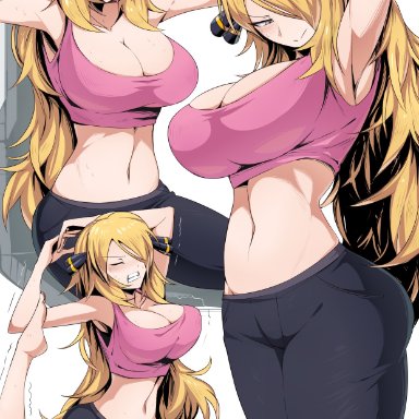 nintendo, pokemon, pokemon dppt, cynthia (pokemon), suzusiigasuki, 1girls, blonde hair, breasts, exercise, exercise machine, flexible, grey eyes, gym, hair over one eye, large breasts