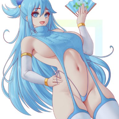 aqua (konosuba), melowh, 1girls, blue eyes, blue hair, breasts, female, large breasts, light skin, light-skinned female, long hair, thick thighs, virgin destroyer sweater, wide hips