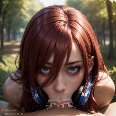 go-toubun no hanayome, nakano miku, diffusion34, :&gt;=, 1boy, 1boy1girl, 1girls, blowjob, blowjob face, blue eyes, completely nude, completely nude female, completely nude male, cum, cum down throat