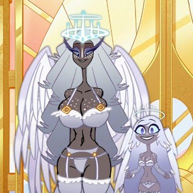 catholic, christianity, hazbin hotel, public domain, religion, emily (hazbin hotel), sera (hazbin hotel), minigonchar, 2girls, angel, angel wings, big breasts, cute, female, grey skin