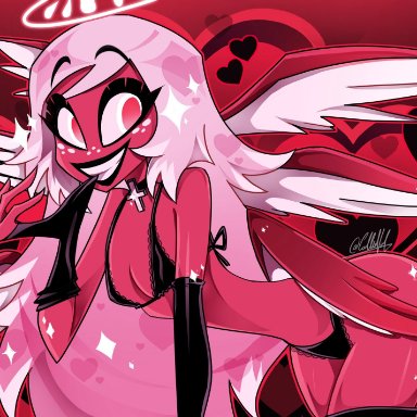 hazbin hotel, emily (hazbin hotel), angel, angel wings, bikini, demon, demon girl, fallen angel, gloves, halo, pin up