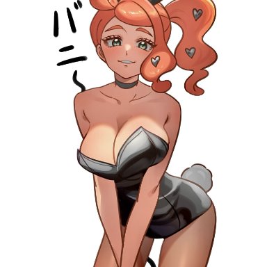 nintendo, pokemon, pokemon ss, sonia (pokemon), 1girls, bunny girl, bunny tail, bunnysuit, green eyes, leaning forward, looking at viewer, orange hair, ponytail, smile, solo