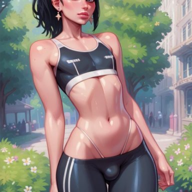 noredeemingvalue, 1boy, black hair, bulge, bulge through clothing, earrings, femboy, male, male only, ponytail, sports bra, sportswear, thong, tummy, yoga pants