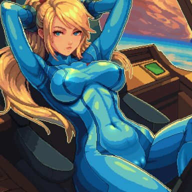 metroid, nintendo, samus aran, zero suit samus, itzah, blonde hair, blue eyes, breasts, cameltoe, female, female only, navel visible through clothes, nipples visible through clothing, skin tight, skindentation