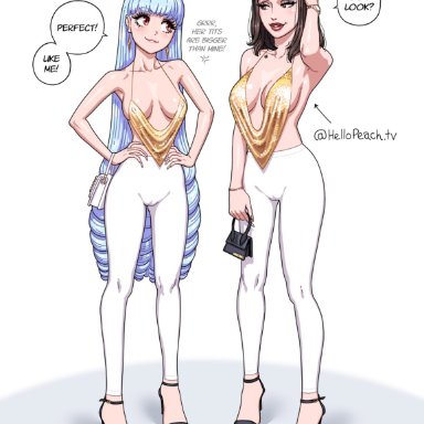 original, original character, valentina (fellatrix), fellatrix, 2girls, bangs, big breasts, blue hair, blunt bangs, bracelet, breast envy, breasts, brown hair, brunette hair, camel toe