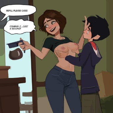 big hero 6, disney, marvel, aunt cass, cass hamada, hiro hamada, amugea, hyung (artist), 1boy, 1girls, aunt and nephew, brown hair, mature, mature female, mature woman