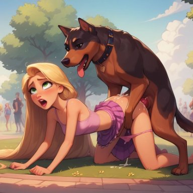 disney, disney princess, tangled, rapunzel, asianmamii, barefoot, bestiality, blonde hair, canine, doggy style, feet, female, female on feral, feral, green eyes