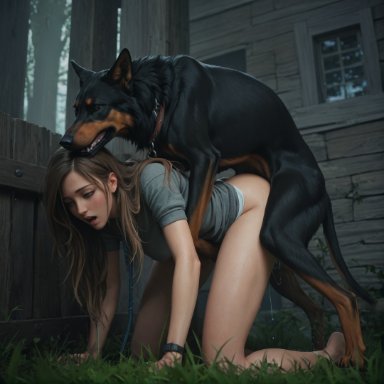 sinkrozz, 1boy, 1girls, brown hair, canine, cum in pussy, cum inside, cumdrip, doggy style, dominant feral, enjoying, female, female on feral, female penetrated, feral