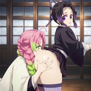 demon slayer, kimetsu no yaiba, original, pixiv, kanroji mitsuri, kochou shinobu, gerhard, 2girls, ass, ass grab, ass licking, ass on face, ass sniffing, ass worship, face in ass